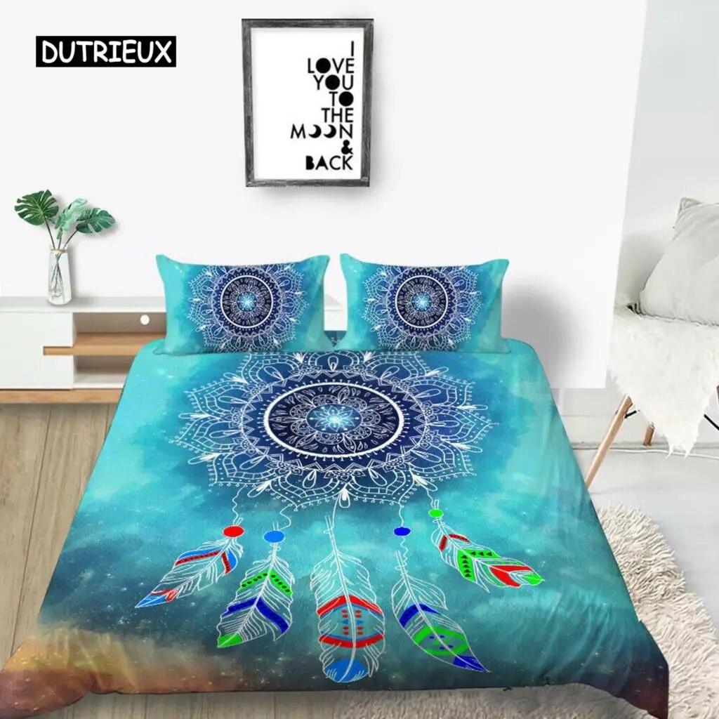 Dream Catcher Duvet Cover Set Kids Bohemian Mandala Boho Chic Feather Bedding Set Full Size Tie Dye Purple Polyester Duvet Cover three-piece set