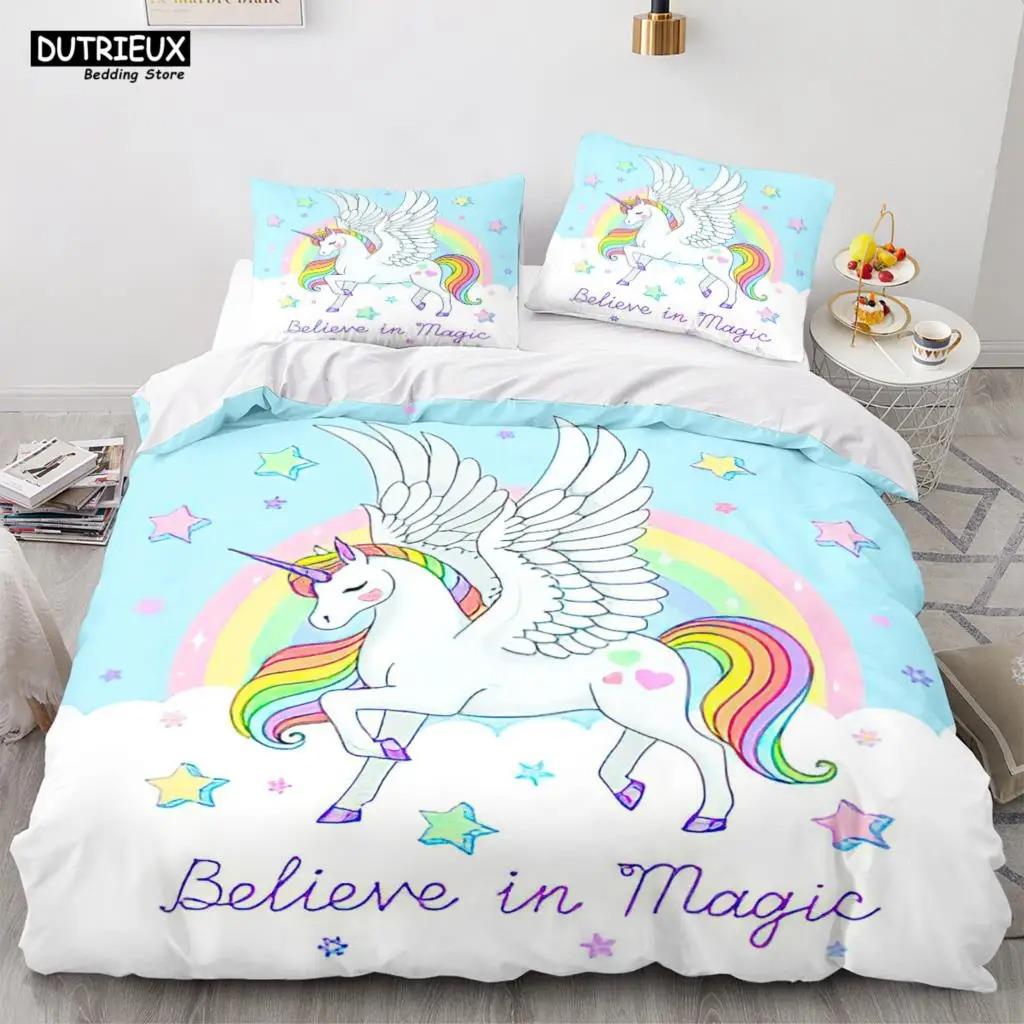 Cartoon Regenbogen Einhorn Bettwäscheset Einhorn Sets Einzel Doppel Queen Twin Full Größe Bettbezug Kind Mädchen Kind Weicher Bettbezug