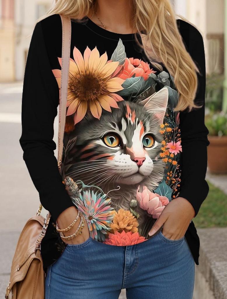 Tricouri pentru femei Imprimare 3D Design Artistic Model Pisică Mânecă Lungă Zilnic Weekend Modă Amuzant Gât Rotund Croială Normală Primăvară și Toamnă