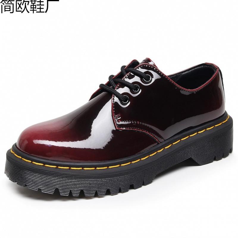 1 thick bottom hole small leather shoes female, low top leather discoloration red round head casual student medium thick loose