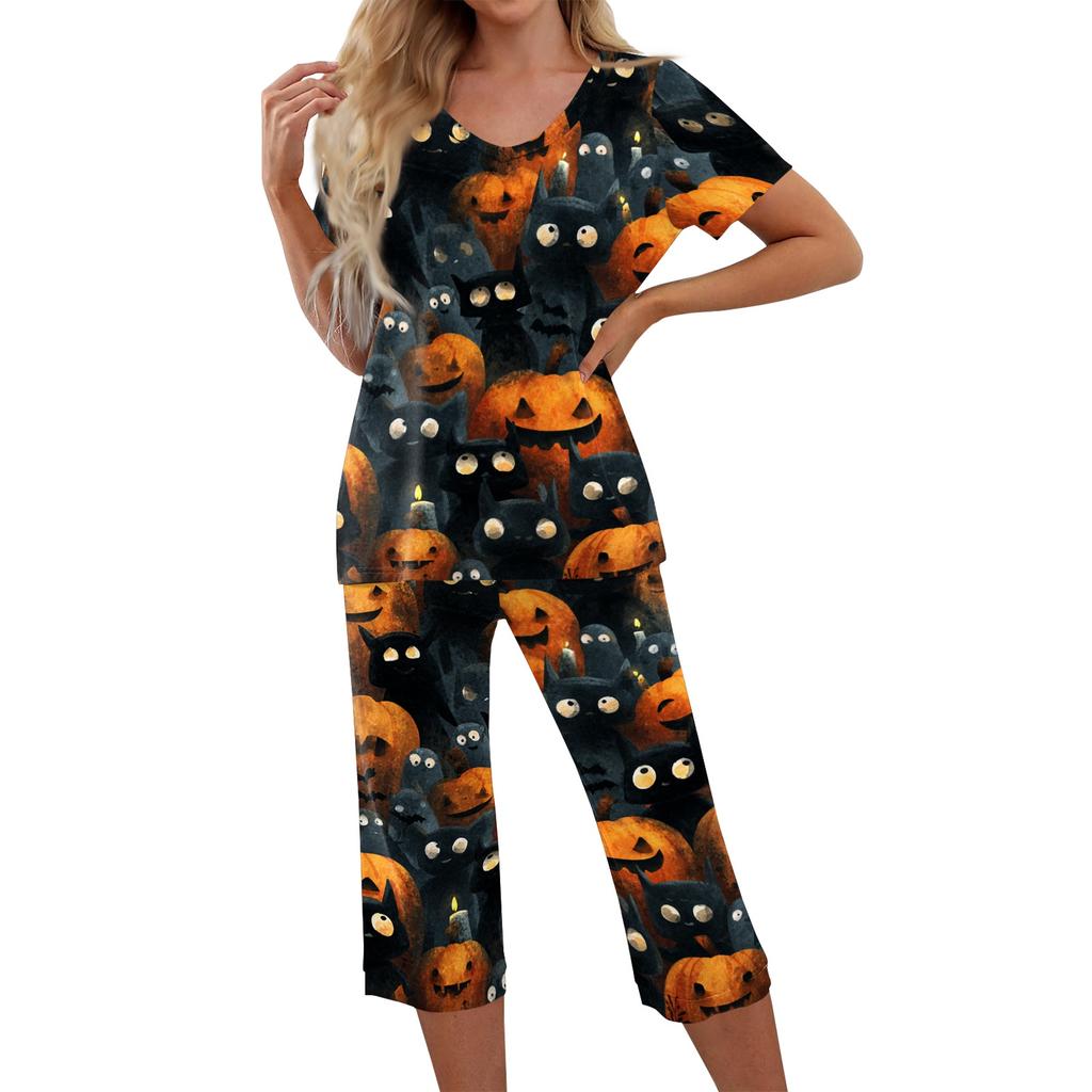 Womens Halloween Two Piece Set Short Sleeve Top with V Neck and Capri Pants Casual Lounge Wear Printed Ghost Pumpkin Pattern