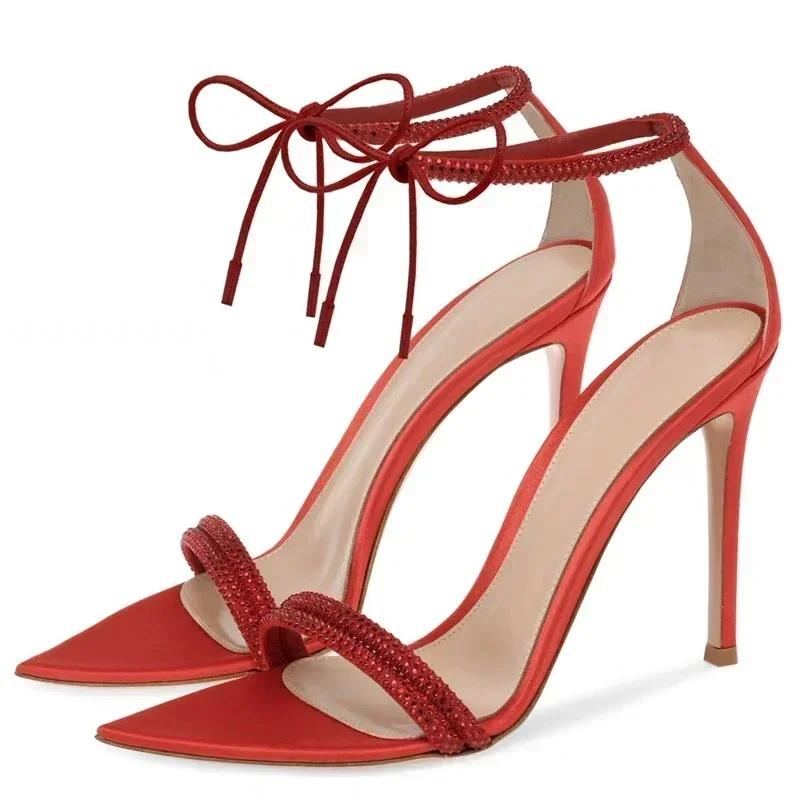 Fashion New Elegant Women Sandals Summer 2025 Sexy Pointed Toe Ankle Strap Thin High Heels Luxury Rhinestone Designer Banquet Party Shoe