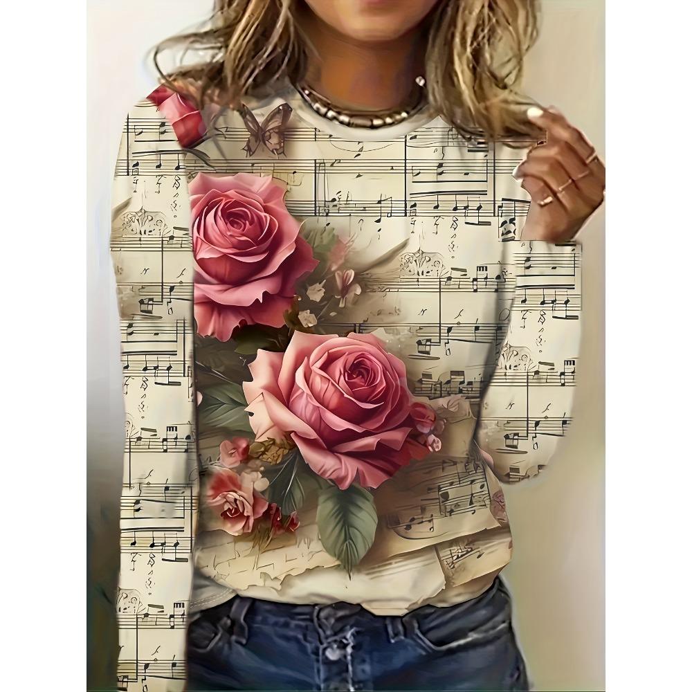 

Женская футболка с длинным рукавом и ретро-принтом, топ с круглым вырезом, машинная стирка, повседневная одежда для весны и осени 7XL