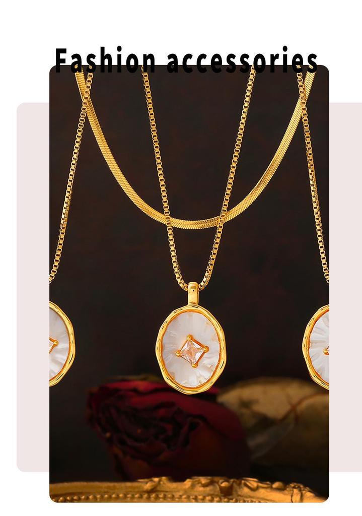 Brand French Retro Mother-of-Pearl Zircon Inlaid Copper Pendant with 18k Gold Plated Titanium Steel Chain