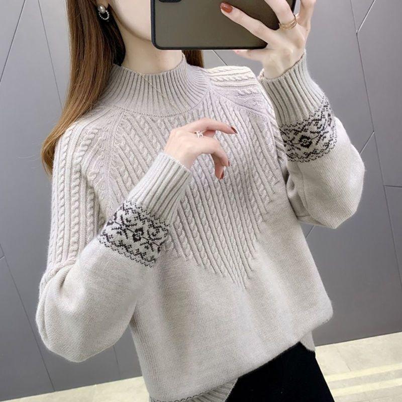 Autumn Winter Women's Half Turtleneck Sweater Loose Thick Pullover Knitted Top Jacquard Elastic Knitted Top Jumper.