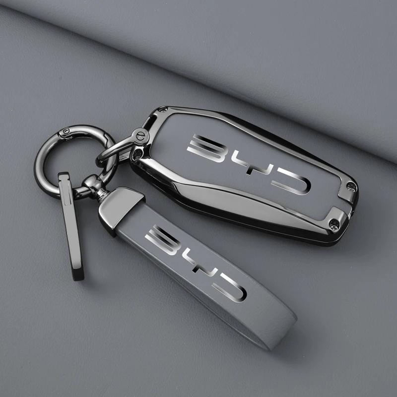 Alloy Leather Car Key Case Cover For Byd Song Plus Atto 3 Han Ev Tang Dm Qin Seal Dolphin Remote Fob Holder Keychain Accessories