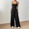 Solid Color Halter Sleeveless Ruched High Waist Wide Leg Casual Jumpsuit