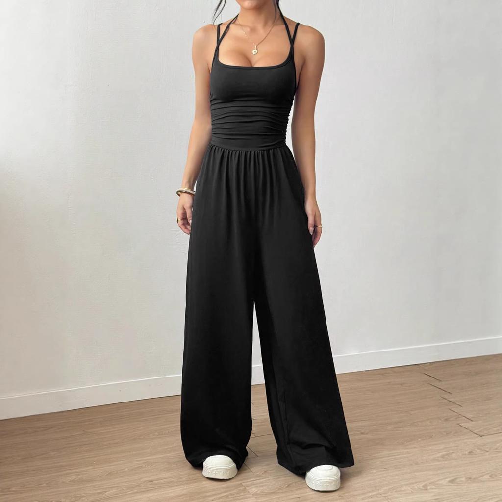 Solid Color Halter Sleeveless Ruched High Waist Wide Leg Casual Jumpsuit