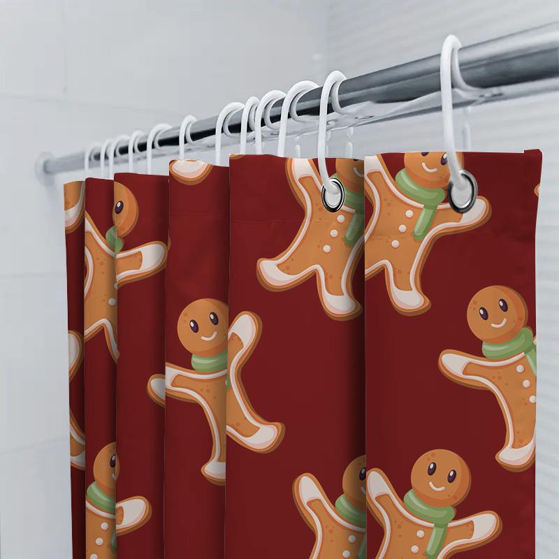 Christmas-Themed Shower Curtain With Gingerbread Man Pattern Holiday Bathroom Decor Red Fabric Shower Curtain For Home Decoratio