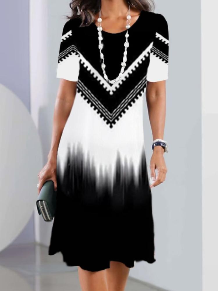 Summer Women's Round Neck Short Sleeve Printed Fashion Loose Midi Dress