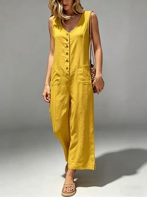 2026 European Women's Sleeveless Cotton Linen Wide-Leg Jumpsuit with Pockets
