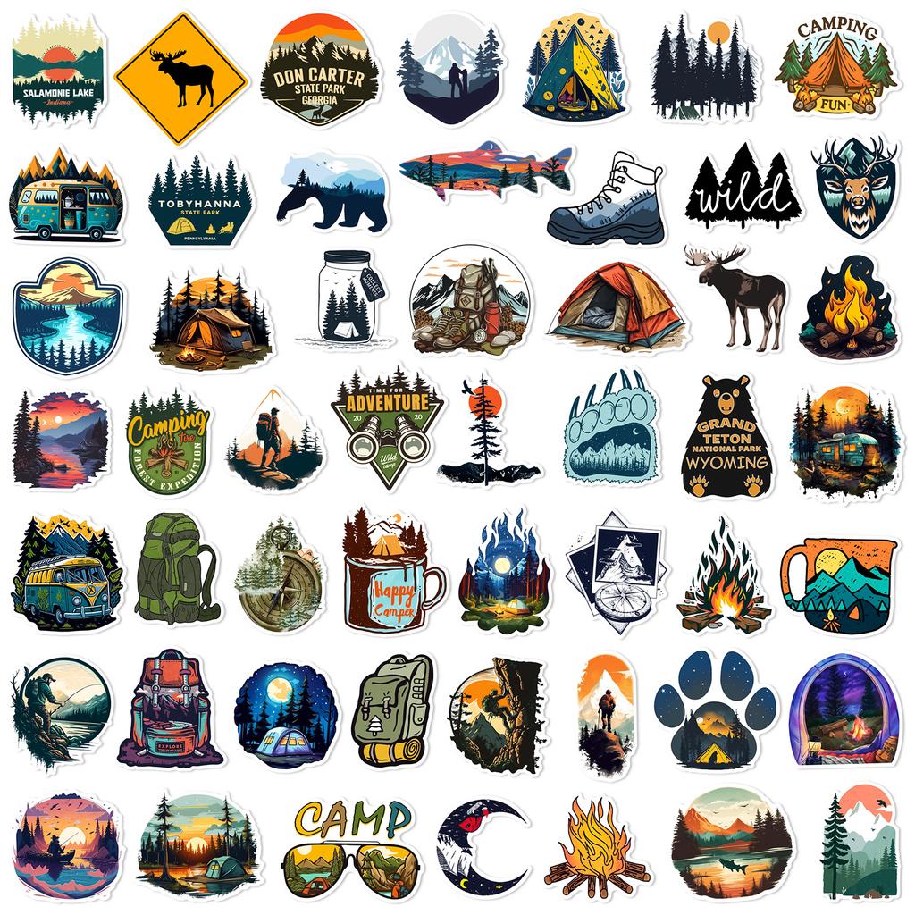 Non-Toxic 50Pcs Waterproof Outdoor Stickers Set For Luggage Bike Car Forest Camping Hiking Travel Scenery Decals Graffiti Sticker Toys