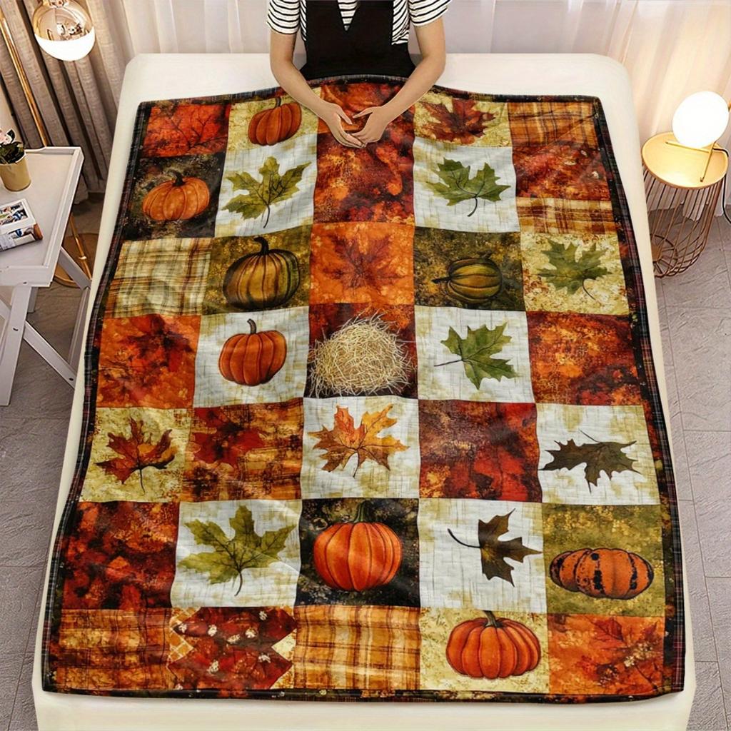 Autumn pumpkin leaf plaid pattern warm flannel blanket seasonal home decoration fall harvest theme cozy bedroom throw blanket