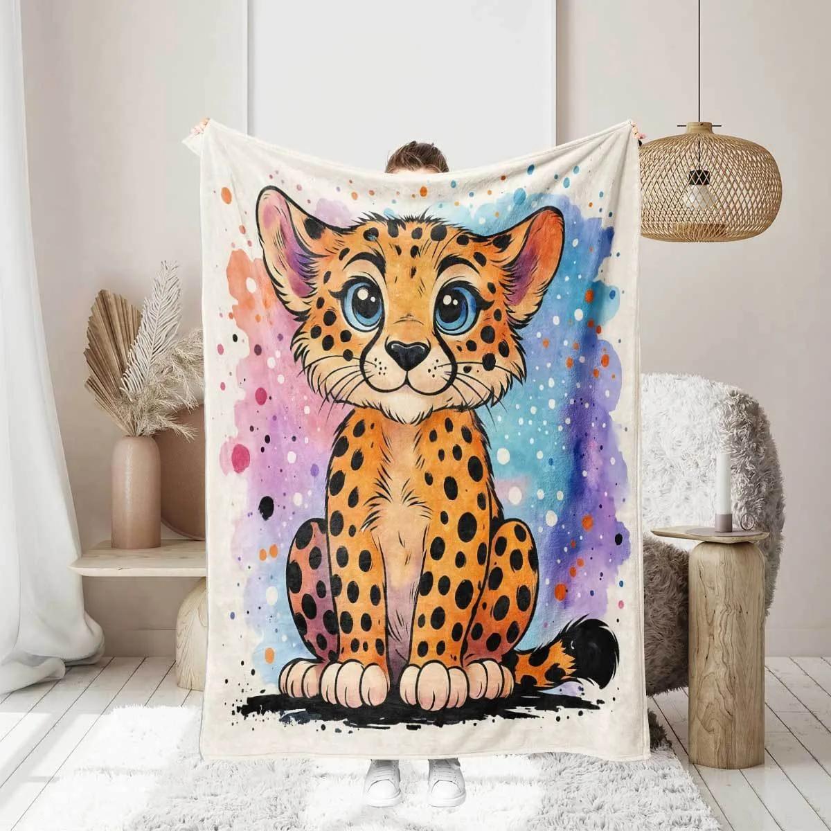 

Cute Watercolor Cheetah Pattern Flannel printed blanket suitable for all seasons suitable for living room office sofa and travel 75x100cm