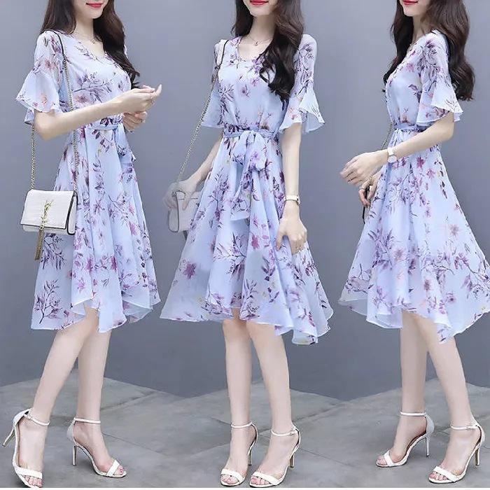 Summer new women's clothing slim-fitting waist and thin skirt temperament celebrity medium and long floral imitation chiffon dress