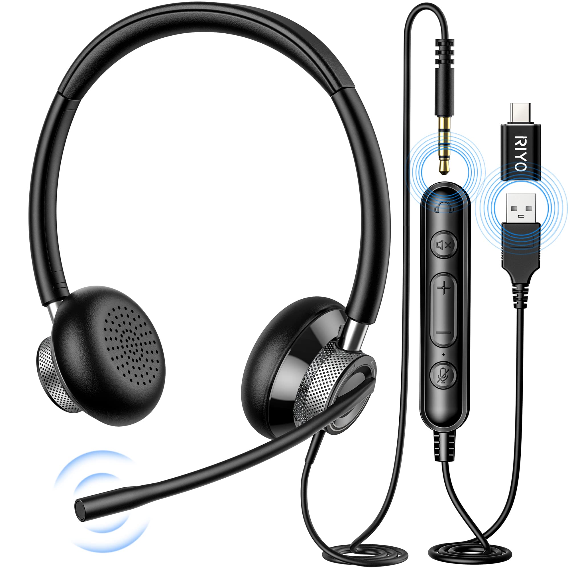 

RIYO H361 Stereo Headset with Microphone, 3.5mm Type-C USB Connection, Noise Cancelling, Ambidextrous, Mute Function, Handheld Controller, Binaural