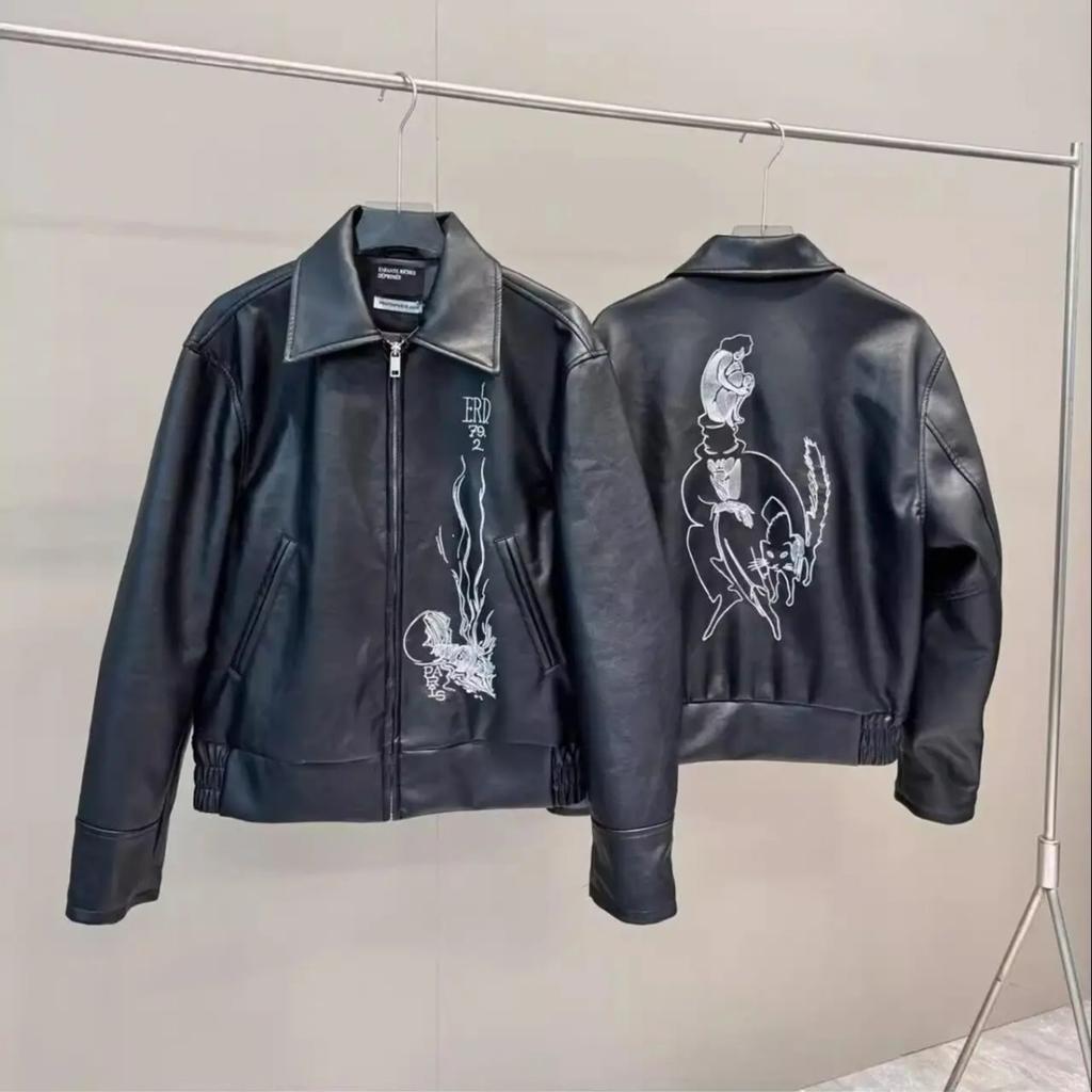 VibeStreet Industria Pesante Splash Ink Uomo Misterioso Giacca Ricamata in Pelle d'Agnello Giacca Corta