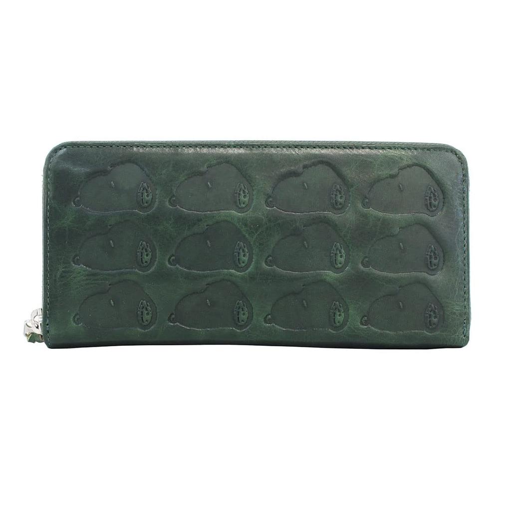 PEANUTS Leather Round Zipper Long Wallet Genuine Leather Cowhide Large Capacity Card Storage Embossed SNOOPY Round Zipper Long Wallet Green [Nadaya]