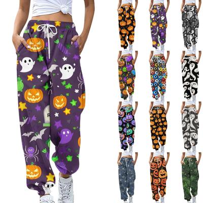 Damen Sporthose mit Taschen Mode Halloween-Print Hose mit elastischem Bund Lässige Jogginghose