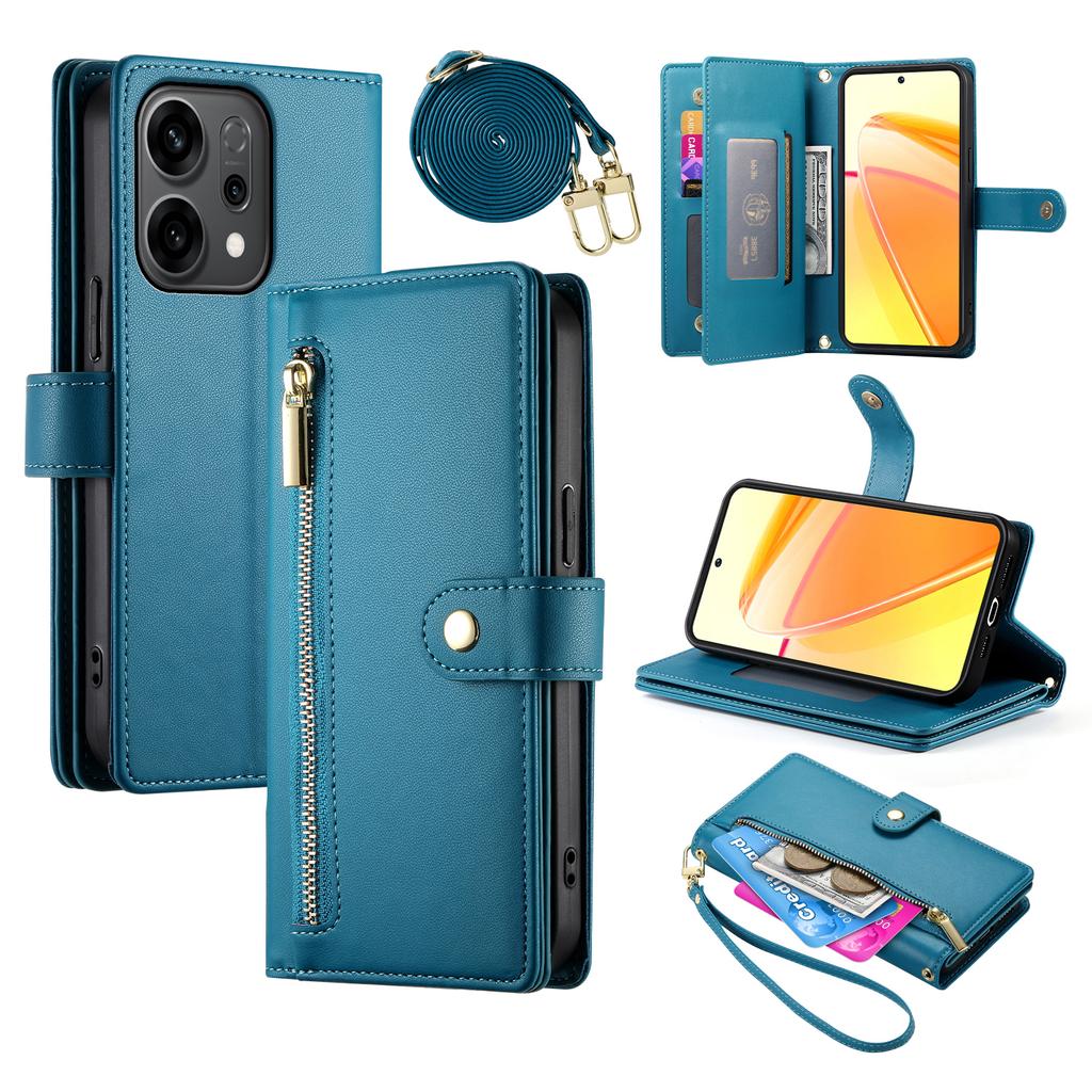 For Oppo Reno14 5G (Global) Case Zipper Pocket Wallet Leather Phone Cover with Straps