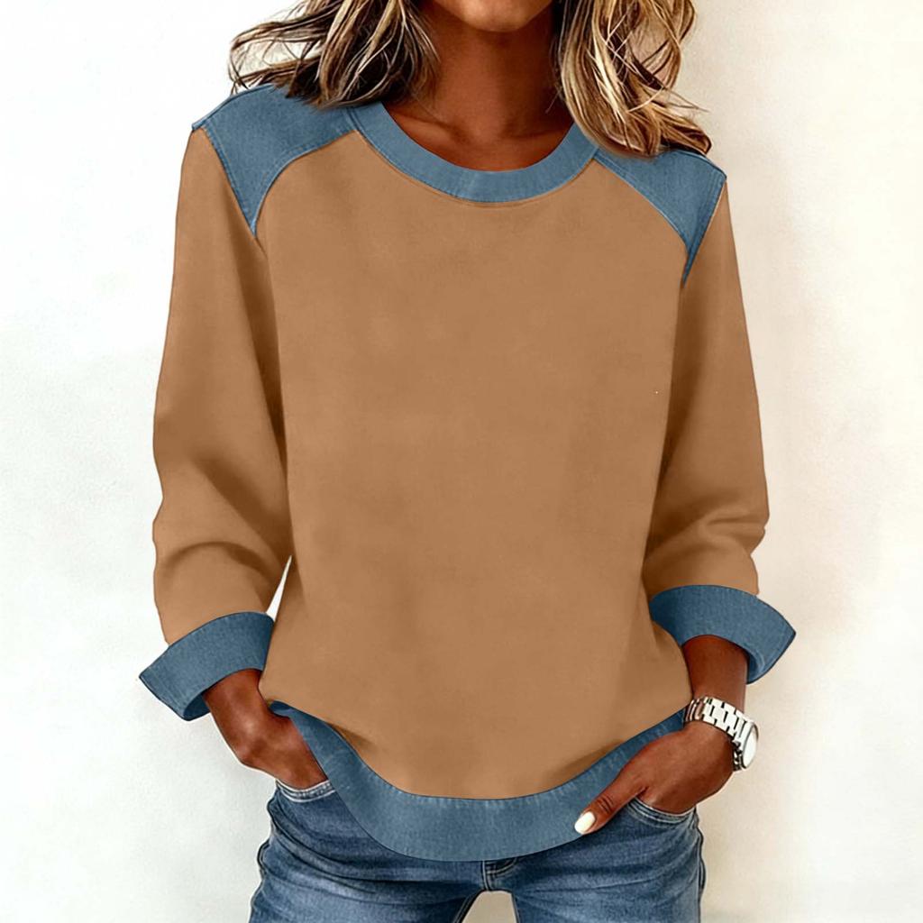Damen Jeanskragen Patchwork Nähte Sweatshirt Lässig Pullover Langarmshirts