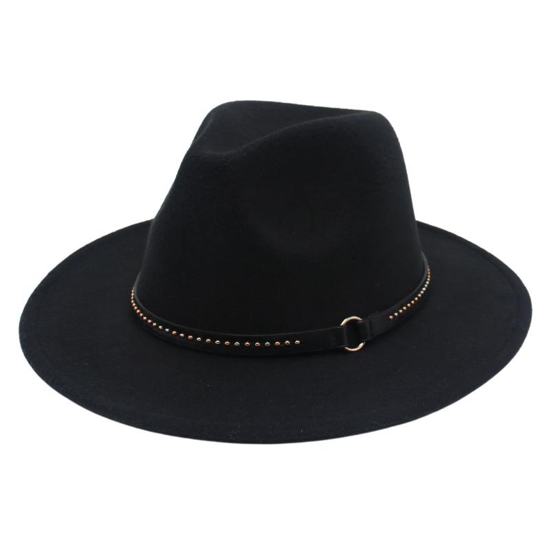 European And American Style Big-Brimmed Top Hat, Metal Ring, Rivet, Belt Accessories, Felt Hat, Light Top Fedora Hat, Foreign Trade Monochrome Hat