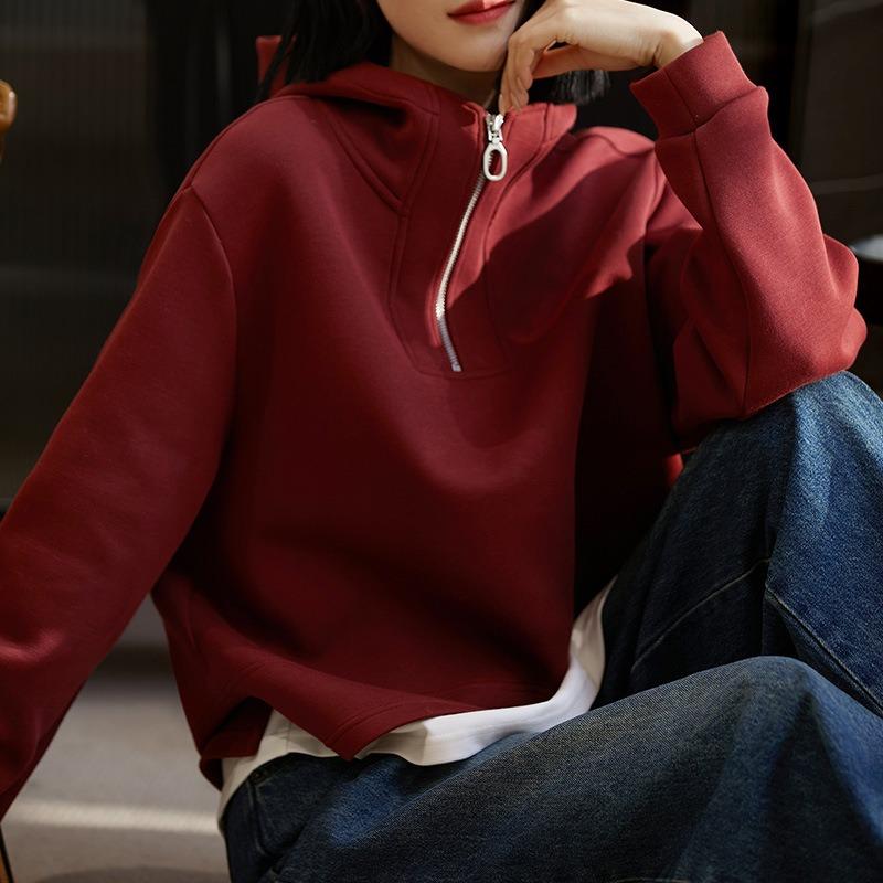 Air layer fake two-piece hooded sweater women's casual simple zipper pullover jacket top, season women's clothing