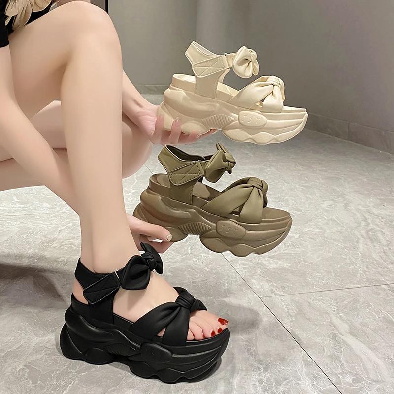 Fashion Summer High-heeled Sandals for Women 9CM Wedge Heel Bow Slippers Fashionable  Outdoor Thick-soled Sandals Beach Casual Slippers