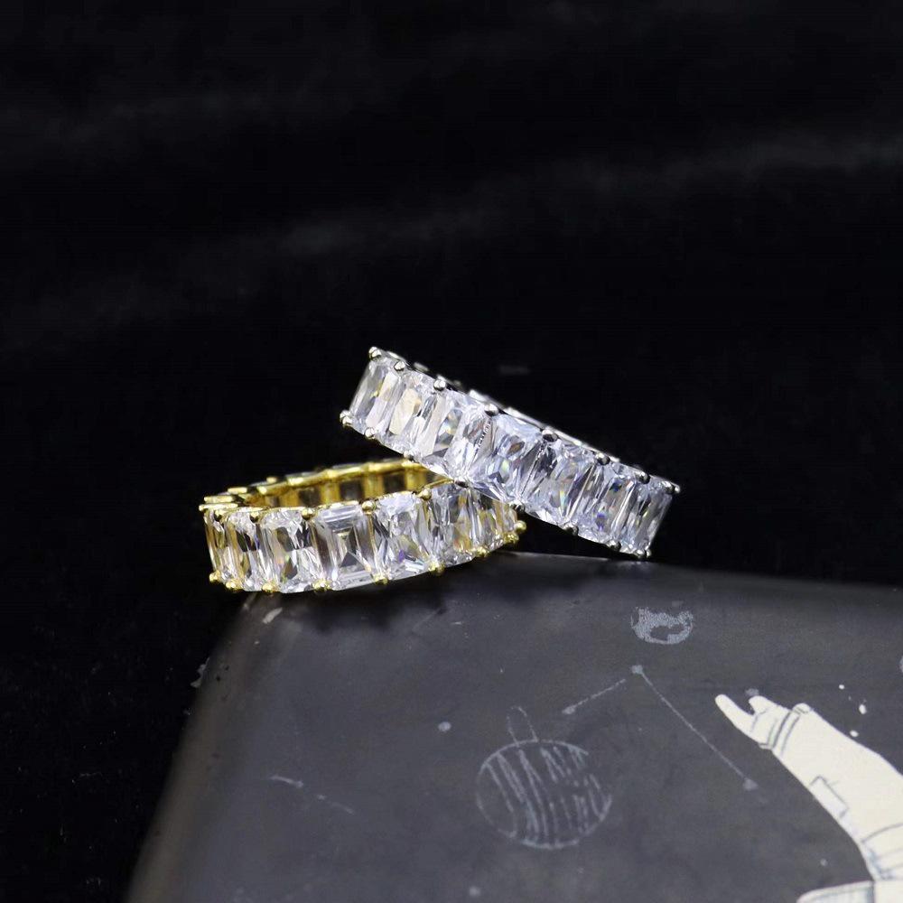 T-Shaped 6mm Zircon Single Row Hip-Hop Square Diamond Ring, Real Gold Plated Unisex Couple Ring.