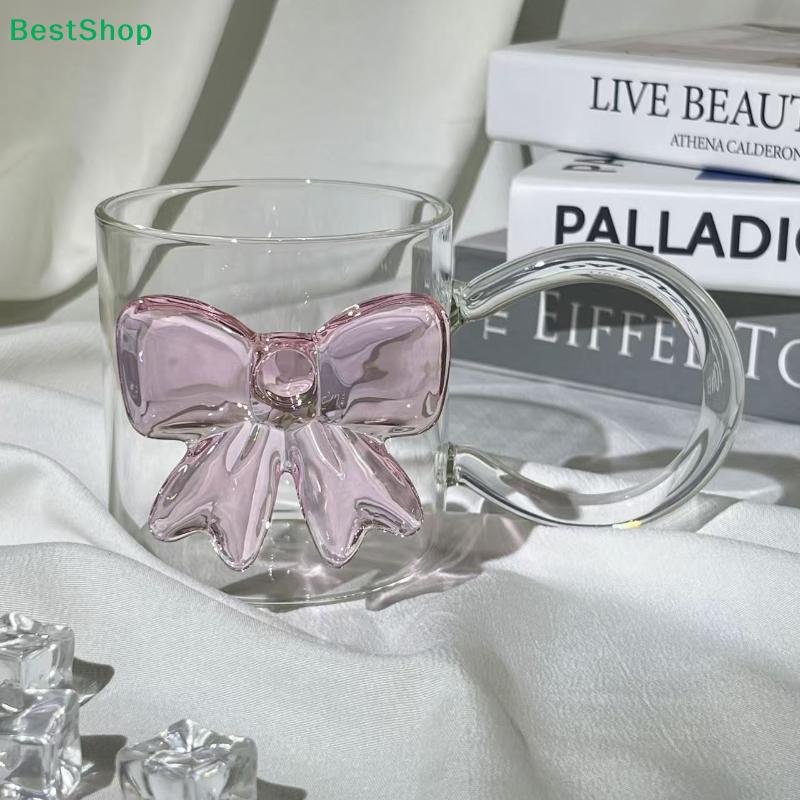 Pink Large Bow Glass Decor Glass Cup Bow Handle Glasses Heat-resistant High Borosilicate Dessert Ice Cream Bowl Party Favours