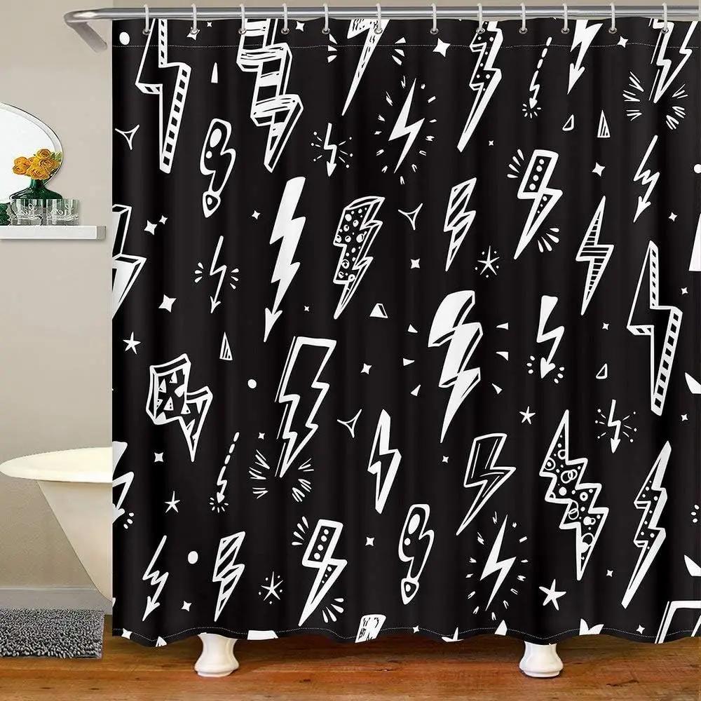 Blu-ray Drum Kit Decorative Home Bathroom Shower Curtain Black Bathroom Decoration Hook Waterproof, 180x180cm