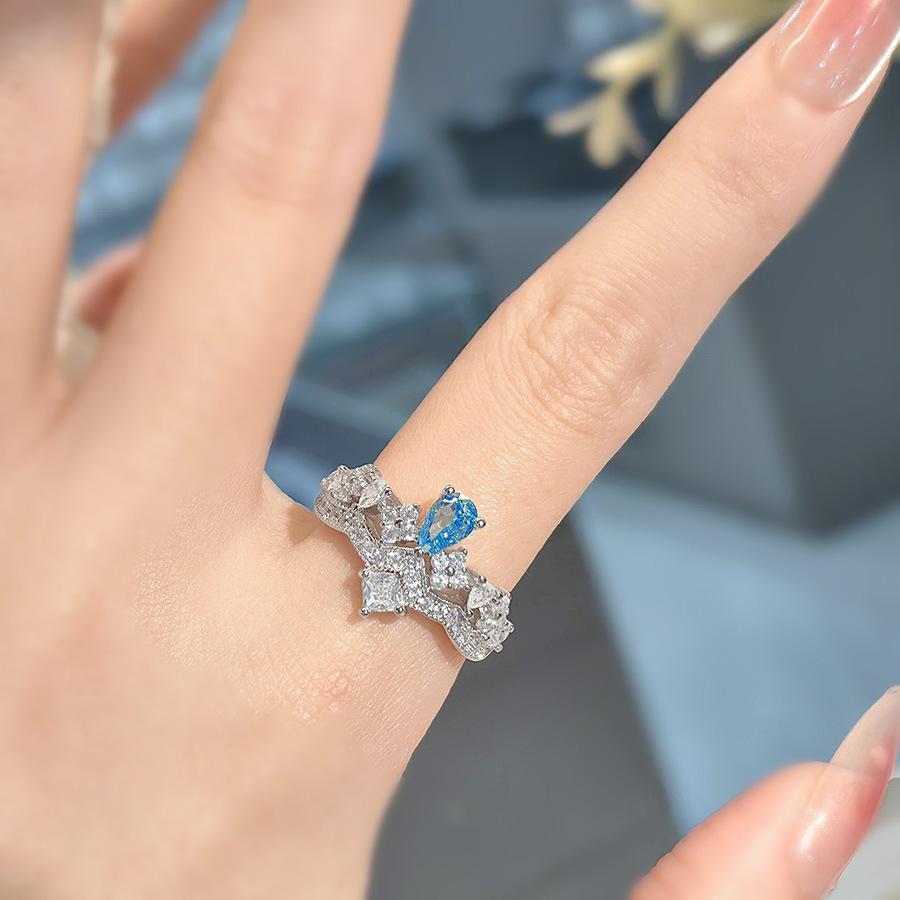 High-End Aquamarine Crown Ring Women'S Fashion Super Fairy Design Opening Light Luxury Full Of Diamonds Temperament Topa Blue