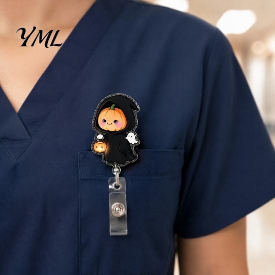 Retractable Badge Holder Halloween Reel, Cute Pumpkin And Grim Reaper Design, Acrylic Party Gift Smooth Pull Cord Clip for Nurse Doctor Teacher