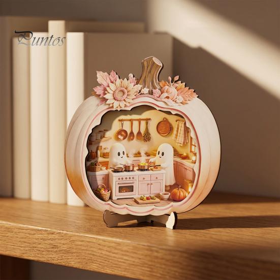 Indoor Fall Seasonal Ornament Halloween Ghost Pumpkin Wooden Plaque, 2D Flat Tabletop Sign, Rustic Farmhouse Autumn Decor Spooky Bathing Reading