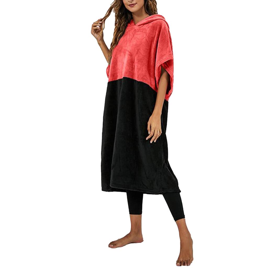 Měkký teplý pončo ručník na surfování s netopýřími rukávy v barevném bloku červeno-černý M