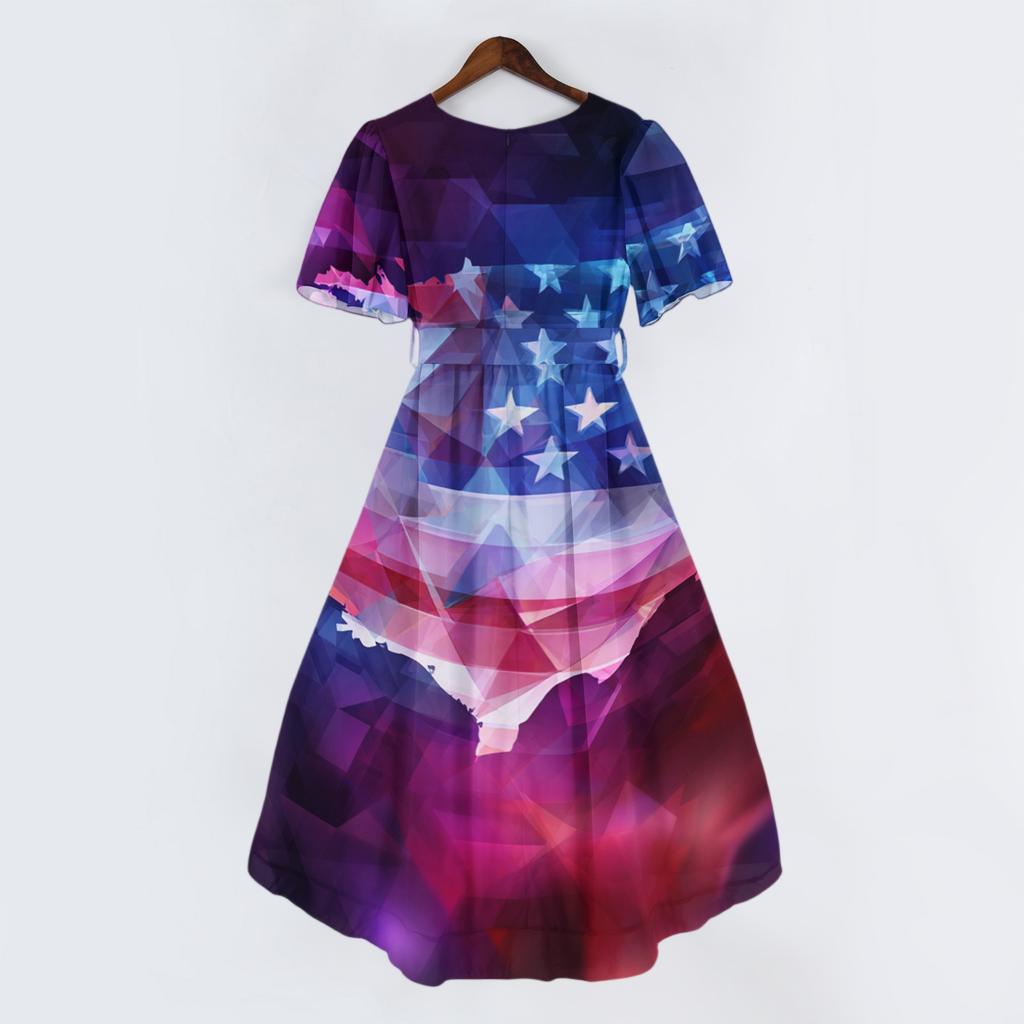 Women's Casual V-Neck Short-Sleeve Independence Day Print Dress