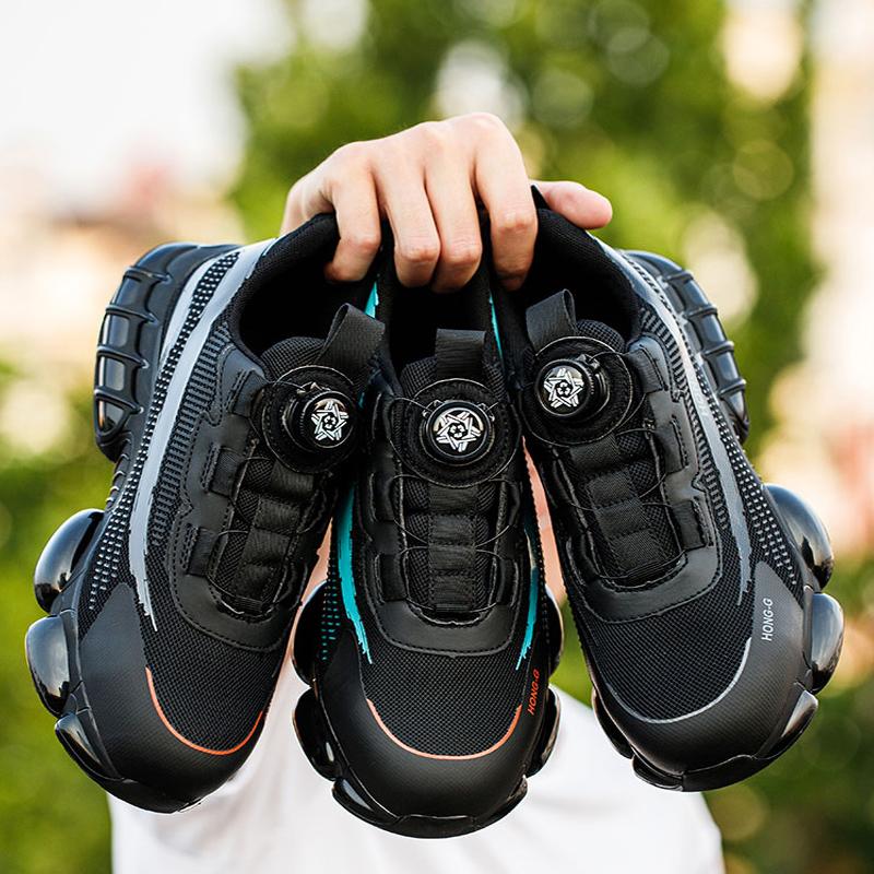 Breathable Rotary Buckle Men Work Safety Shoes Steel Toe Black Indestructible Shoes Puncture-Proof Unisex Platform Sneaker 1Pair