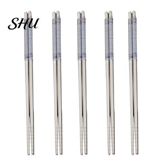 Chinese Stainless Steel Chopsticks 5 Pairs Food Stick Porcelain Pattern Anti-Slip Stylish Non-slip for Home