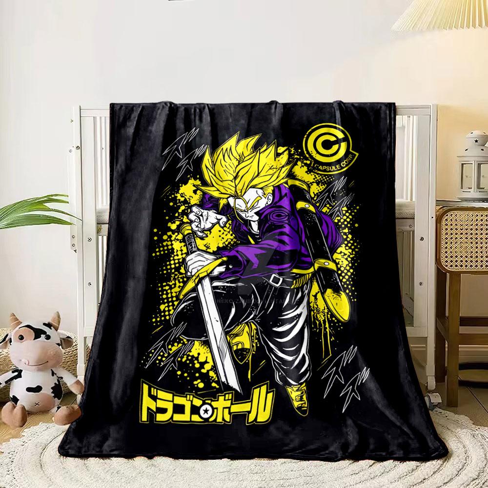 

A bold anime-style character with yellow hair, sword, purple outfit, and splatter. for all seasons blanket lunch break throw gift 80cm x 120cm