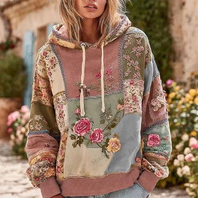 Spring AutumnVintage Floral 3d Print Hoodie Women Fashion Casual European American Style Hoodie Sweatshirt Women Clothes Top