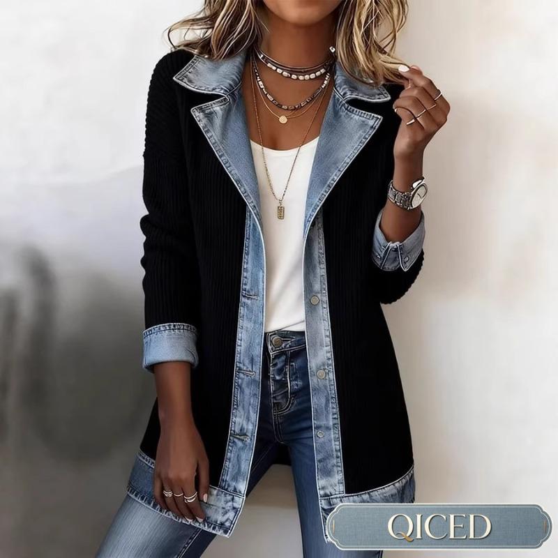 QICED Giacche e Cappotti Casual da Donna Vintage a Manica Lunga con Collo Polo, Stampa Monocolore, Autunno Inverno, Chic Casuale