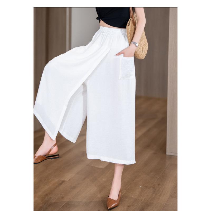 2026 summer thin loose high waist split lazy style casual culottes hip thigh thick and thin eight-point wide-leg pants