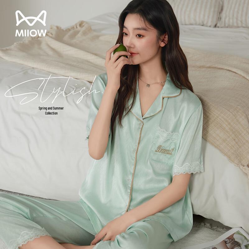 Maoren Women s Ice Silk Lace Short-Sleeve Pajama Set L