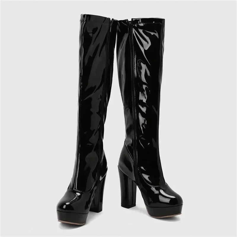 Women Knee High Boots Chunky Heels Candy Color Black Green Yellow Patent Leather Sexy Party Club Lady Zipper Long Platform Boots