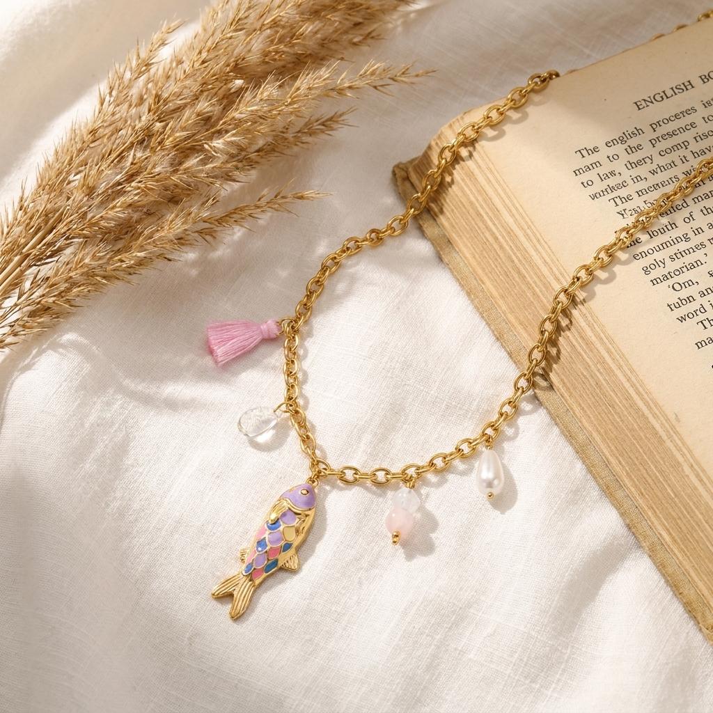 Bohemian Blue Enamel Fish Pendant Necklace for Women Stainless Steel Ocean Series Shell Tassel Necklace Summer Jewelry Accessory