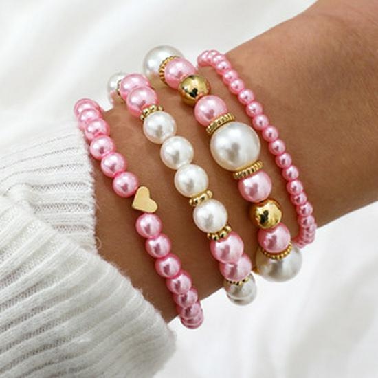 European & American Style Heart Crescent Moon Faux Pearl Layered Bracelet