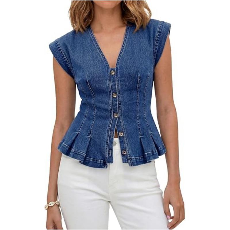 Women S V Neck Denim Vest Buttoned Slim Fit Casual Short Top