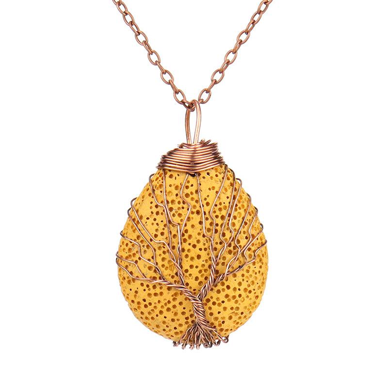Handmade Copper Wire Winding Multi-Colored Volcanic Stone Water Drop Tree Of Life Pendant Necklace N529