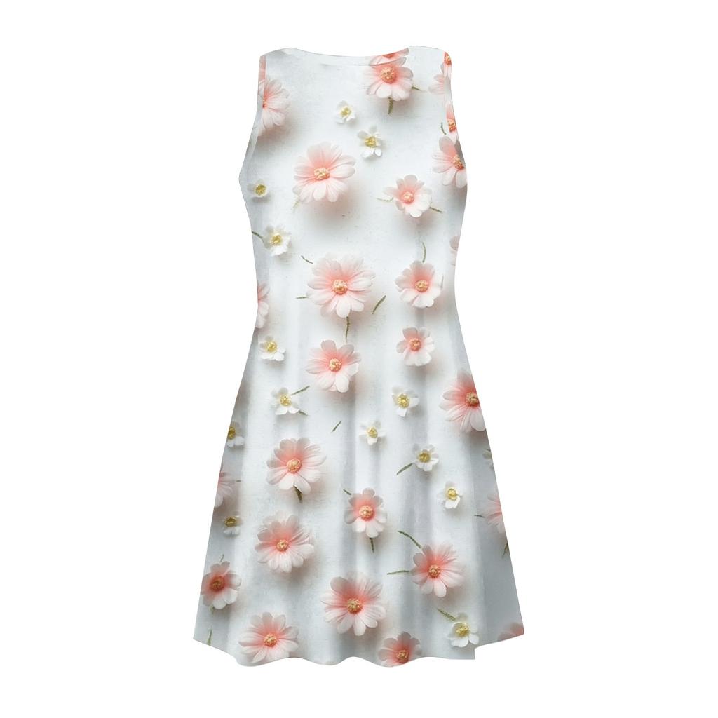 Women's Summer Casual Round Neck Printed Dress Sleeveless Dress With Pockets