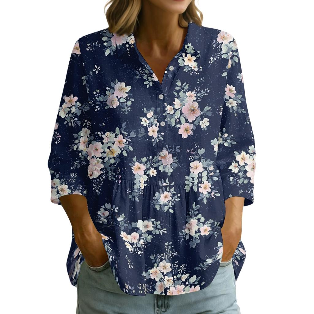 Women's Button Front Shirt Vintage Floral Print Three Quarter Sleeve Loose Fit Blouse with Lapel Collar Casual Top